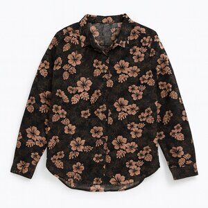 Women's Black & Tan Hawaiian Floral Button-Down Shirt L/S